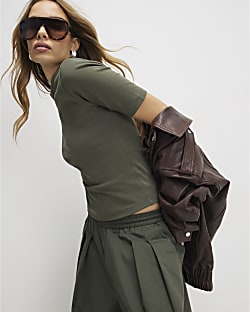 Khaki Short Sleeve Fitted Top