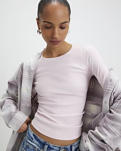 Pink Cotton Long Sleeve Fitted Top