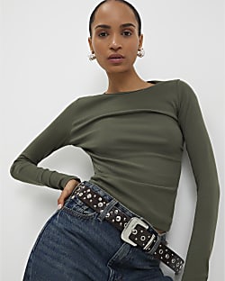 Khaki Cotton Long Sleeve Fitted Top