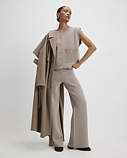 Beige Knitted Wide Leg Trousers