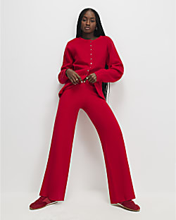 Red knitted wide leg trousers