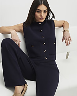 Navy knitted wide leg trousers