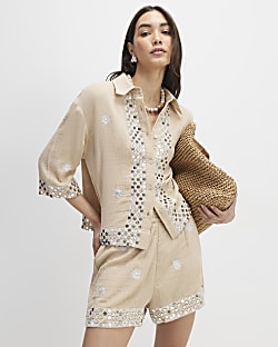 Beige Sequin Embellished Beach Shorts