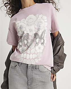 Pink Short Sleeve Diamante Skull T-shirt