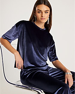 Navy Velvet Short Sleeve Boxy T-shirt