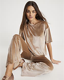 Beige Velvet Short Sleeve Boxy T-shirt