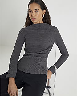 Grey Long Sleeve Waffle Textured Drape Top