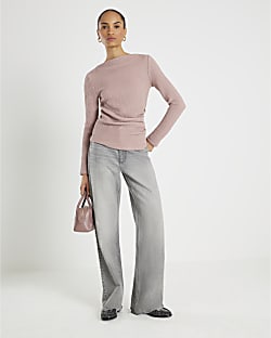 Pink Long Sleeve Waffle Textured Drape Top