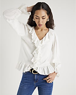 Cream Long Sleeve Ruffle Blouse