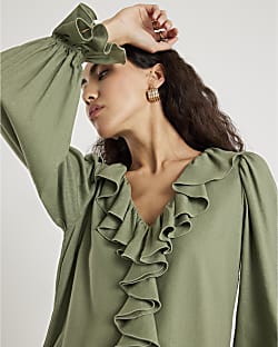 Khaki Long Sleeve Ruffle Blouse