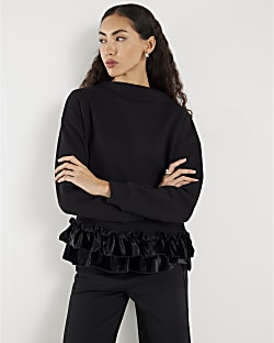 Black Long Sleeve Velvet Trim Sweatshirt