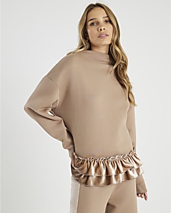 Beige Long Sleeve Velvet Trim Sweatshirt