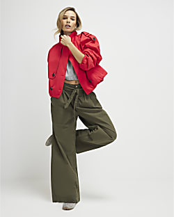 Khaki Belted Wide Leg Poplin Trousers