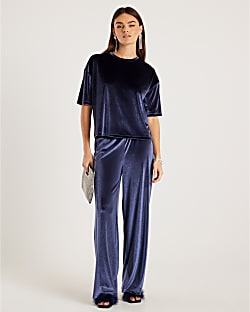 Navy Velvet Wide Leg Joggers