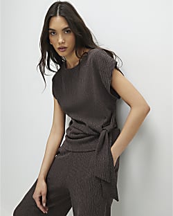 Brown Short Sleeve Textured Twist Front Top