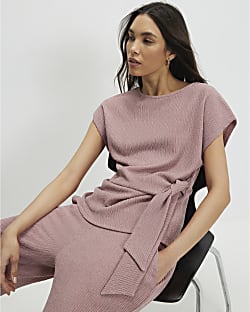 Pink Short Sleeve Textured Knot Front Top
