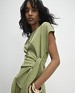 Green Short Sleeve Textured Twist Front Top