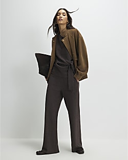 Brown Textured Wide Leg Trousers