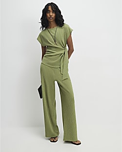 Green Textured Wide Leg Trousers
