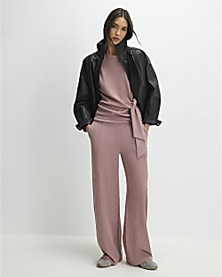 Pink Textured Wide Leg Trousers
