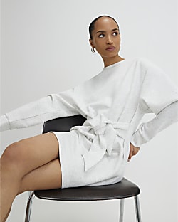 Grey Tie Front Mini Sweatshirt Dress