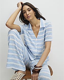 Blue Short Sleeve Striped Textured Shirt