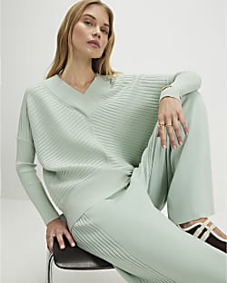 Green Knitted Ribbed V Neck Jumper