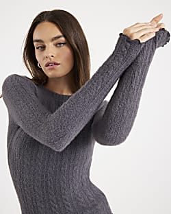 Grey Cable Knit Long Sleeve Fitted Top