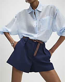 Navy Plaited Belt Tailored Shorts