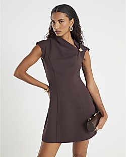 Brown Sleeveless Drape Mini Dress