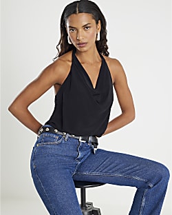 Black Cowl Neck Halter Bodysuit