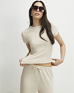Beige Textured Fitted T-Shirt