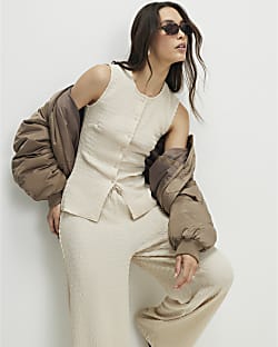Beige Sleeveless Textured Button Through Top