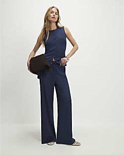 Navy Textured Wide Leg Trousers