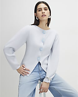 Blue Knitted Floral Button Cardigan