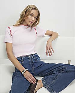 Pink Knitted Short Sleeve Frill Top