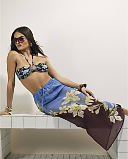 Brown Tropical Print Maxi Beach Skirt