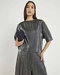Black Short Sleeve Metallic Tailored Top