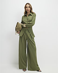 Green Striped Wide Leg Trousers