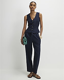 Navy Linen Blend Drawstring Tapered Trousers
