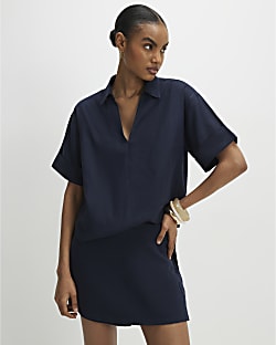 Navy Linen Blend Short Sleeve Shirt