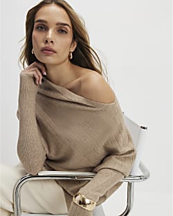 Brown Ribbed Off The Shoulder Jumper