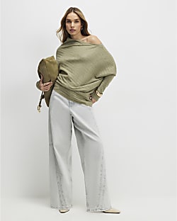 Green Ribbed Off The Shoulder Jumper