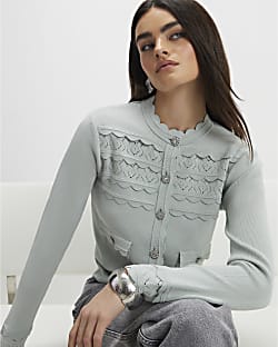 Green Scallop Trim Diamante Button Cardigan