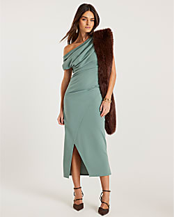 Green Asymmetric Draped Wrap Midi Dress