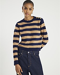 Navy Knitted Stripe Heart Button jumper