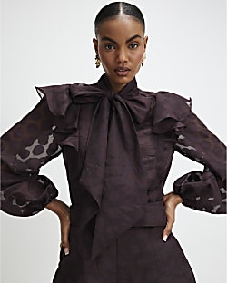 Brown Spot Pussybow Blouse