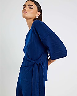 Navy Short Sleeve Ribbed Tie Detail Top