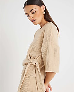 Beige Short Sleeve Ribbed Tie Detail Top