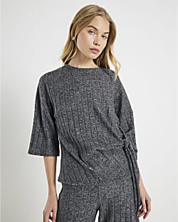 Grey Short Sleeve Cosy Wide Rib Knot Side Top